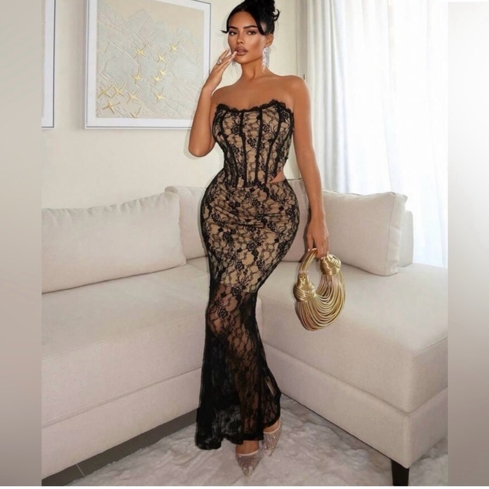 SHEIN Black Lace Strapless Jumpsuit